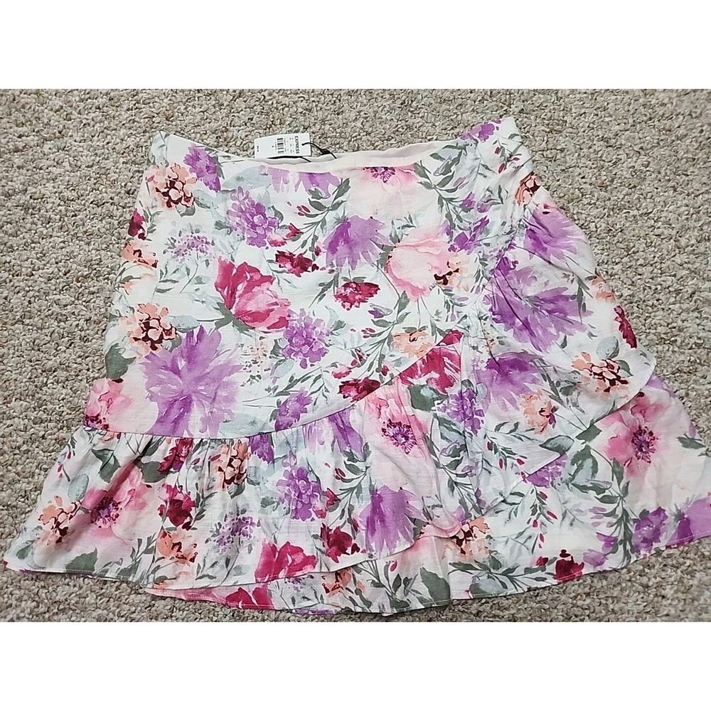 Express Women 14 Skirt Pink 34x‎ 19" Woven Zip Button Waist Floral NWT $68 MSRP